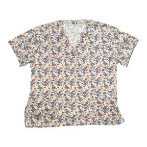 Salus‎ Medical Uniforms Floral V Neck Scrub Top Women Size M Red Blue White